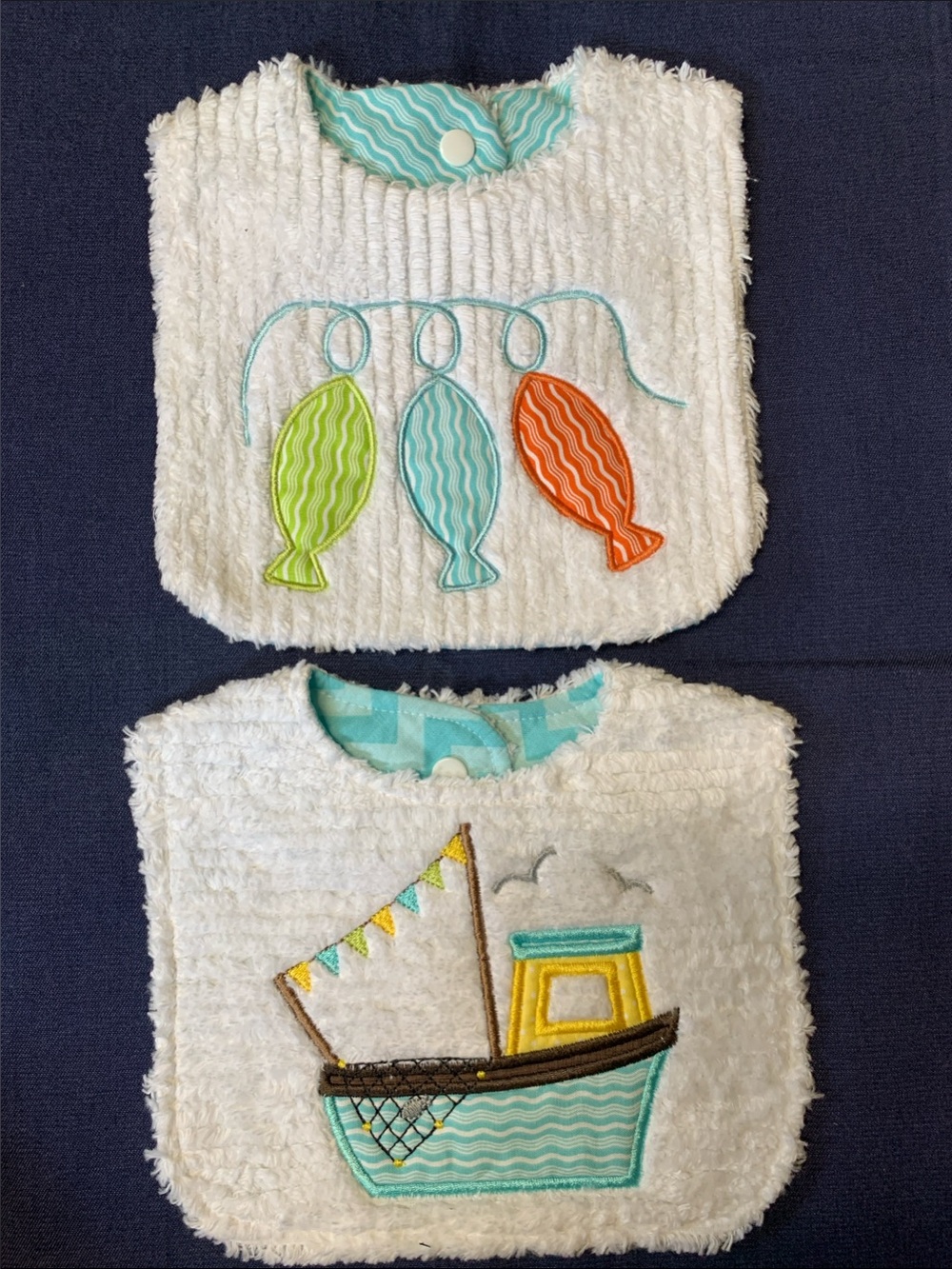 New Teal, Lime & Orange Baby Bib Set with Boat and Fish Motifs